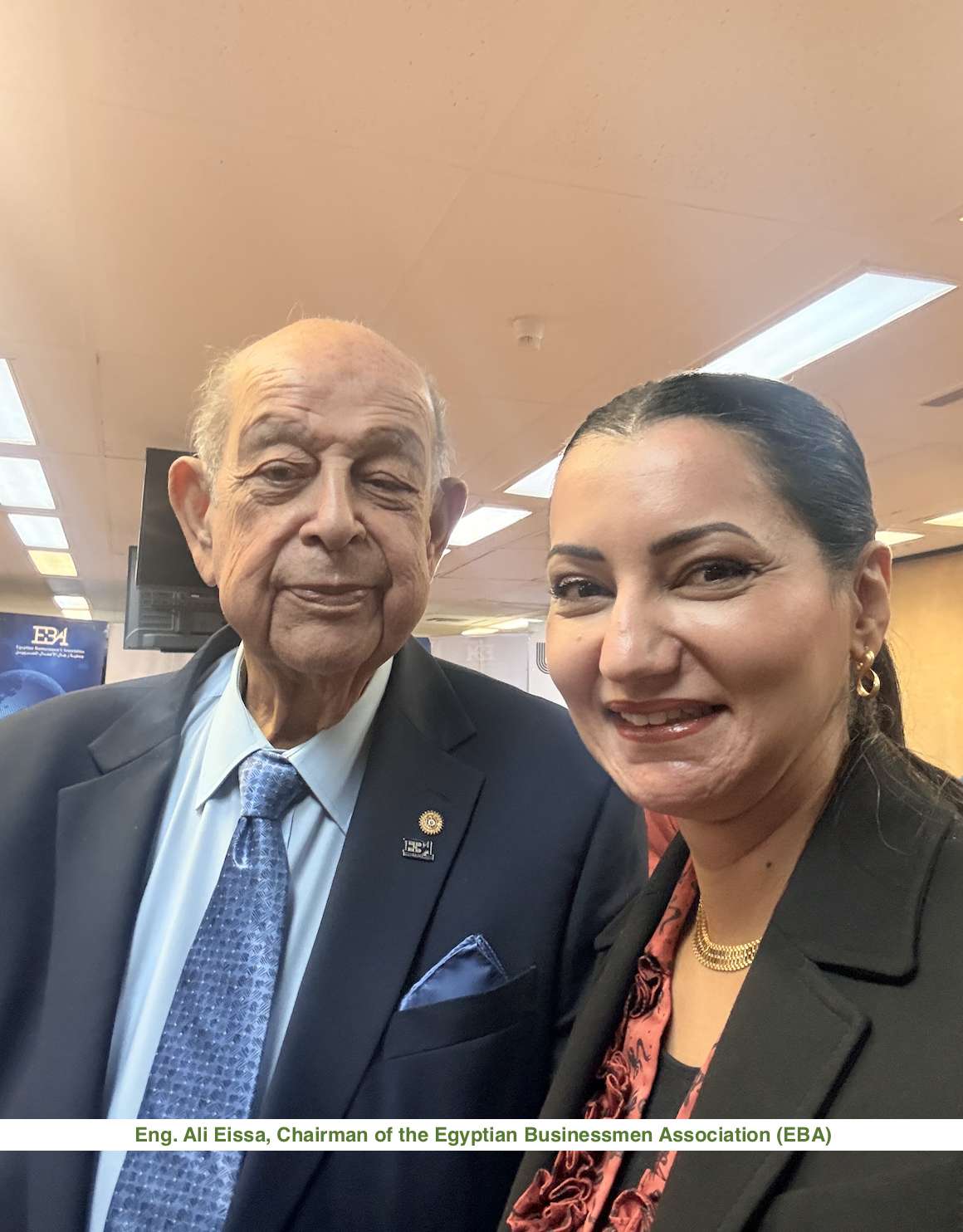 Howaida Hassan with Eng. Ali Eissa, Chairman of EBA, during the Romania–Egypt business roundtable